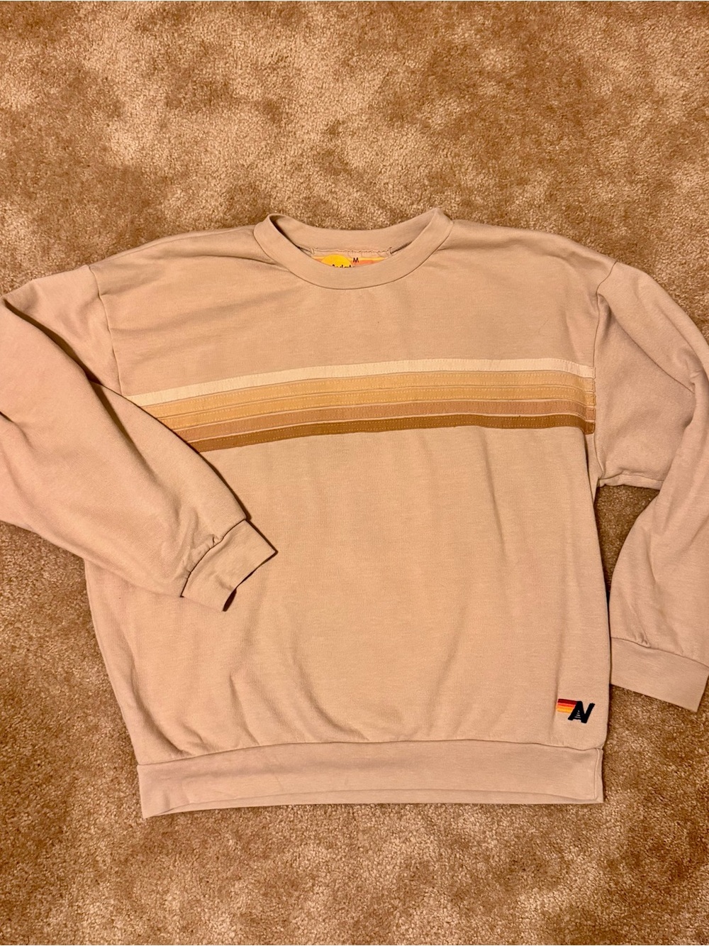 Aviator Nation Neutral Tan Crewneck Sweater with Retro Stripe